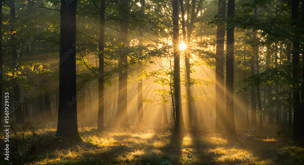 Obraz premium Magical Sunrise in Misty Forest Golden Rays Illuminate Ancient Trees