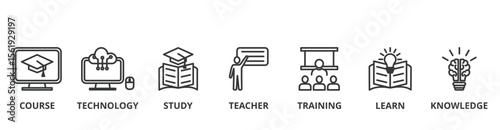 Online education banner vector illustration concept with icon of course, technology, study, teacher, training, learn and knowledge