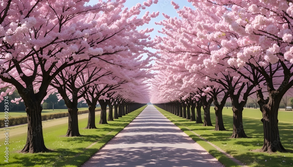 Fototapeta premium Pathway lined with cherry blossom trees in full bloom during springtime