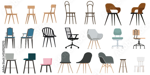 Chair set. Comfortable empty chairs collection. Wooden, metal, plastic, wicker, rolling, modern, old, luxury, classic, home, office, garden chair set. Interior furniture decoration style