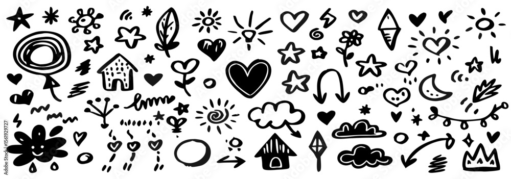 Fototapeta premium Hand-Drawn Doodle Collection: Hearts, Stars, Houses & More