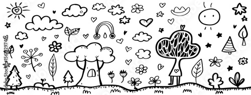Hand-Drawn Doodle Nature Scene: Trees, Clouds, Flowers, Sun