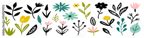 Collection of Hand Drawn Floral Elements: Flowers, Leaves & Plants