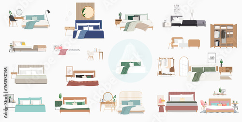 Isolated set of different bedrooms with beds, bedside tables, dressing tables, wardrobe, mirror.