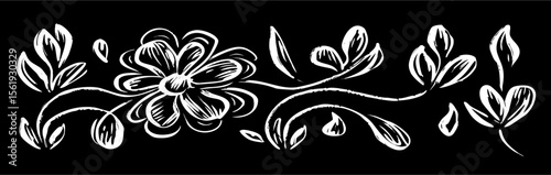 White Floral Vine Design, Black Background - Hand Drawn