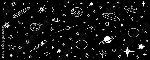 Hand-drawn Space Doodle Pattern: Planets, Stars, Galaxy Background