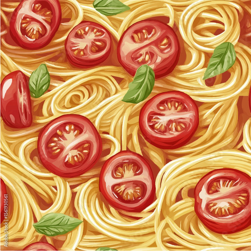 Seamless pattern pasta with tomatoes and basil