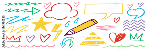 Hand-drawn Doodle Elements: Arrows, Hearts, Speech Bubbles, and More