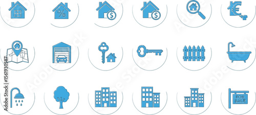 Vector art of a collection of real estate icons on white circles with blue designs, representing property, housing, and home ownership isolated on white background