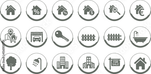 Vector art of a collection of real estate icons isolated on white background, featuring houses, buildings, property sales, and related services represented as gray circular buttons