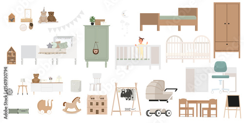 A set of isolated items for a children's room: beds, strollers, tables, wardrobes, toys.