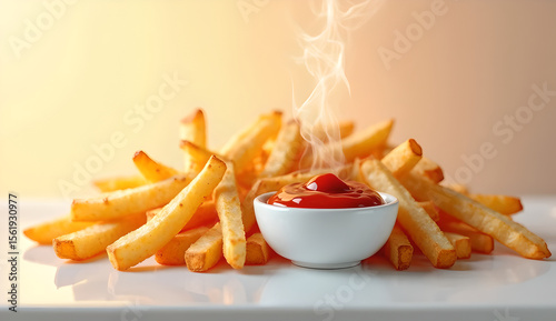 Crispy golden French fries in a bowl with a side of ketchup, arranged on a clean white table with warm, natural lighting.