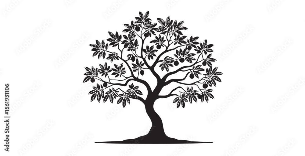 Fototapeta premium Stylized black and white fruit tree silhouette with detailed leaves
