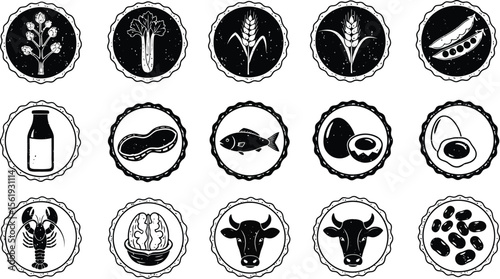 Vector art of a set of food allergy icons isolated on white background, featuring common allergens like milk, eggs, fish, peanuts, and wheat, designed as round stamps for product labeling
