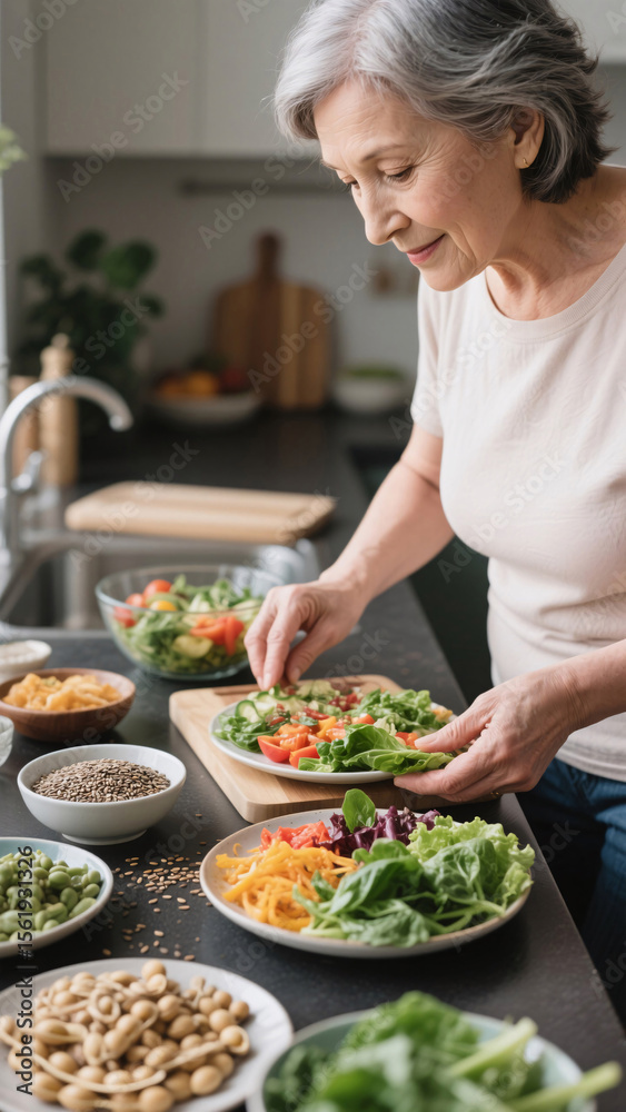 Healthy kitchen scene with mature woman assembling hormone-friendly ingredients – soy, greens, seeds for perimenopausal support Healthy kitchen scene with mature woman assembling hormone-friendly ingredients – soy, greens, seeds for perimenopausal support