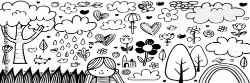 Cute Doodle Collection: Girl, Trees, Flowers, Clouds, Rainbow