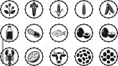 Vector art of a set of black and white allergen icons on round badges isolated on white background, representing food restrictions and dietary warnings