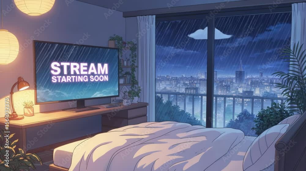 Cozy Lofi Stream Starting. Cozy Streamer Room with City View. Stream starting soon screen, overlay loop, animated virtual backgrounds, cozy lo-fi gaming room view. vtuber asset twitch zoom OBS.
