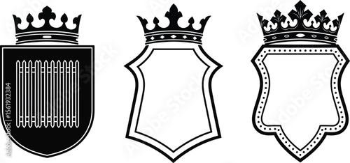 Vector art of a set of heraldic shield crests with crowns, perfect for creating vintage emblems and family crests isolated on white background
