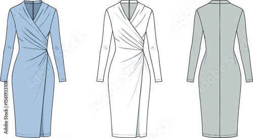  Elegant wrap front midi dress vector illustration, technical fashion sketch, fitted silhouette, long sleeves, design template, front and back views.

 flat vector illustration