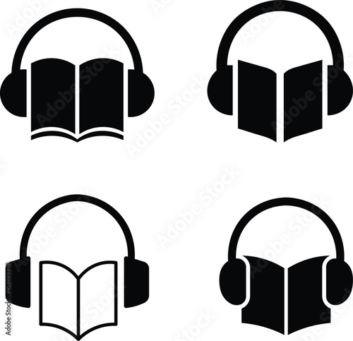 Audiobooks represented by headphones and open books in a monochrome illustration