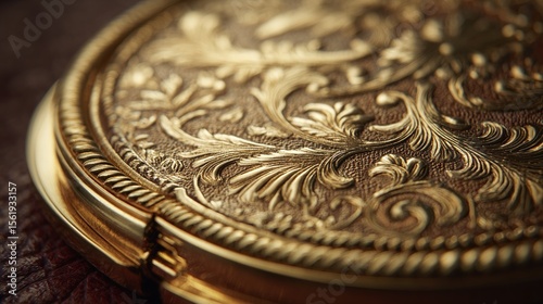 Intricate golden compact on fabric. Reflected light, detailed surface. Use Beauty ad