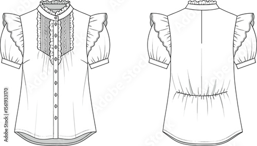  Fashion technical flat of ruffle blouse, puff sleeves, front and back views, button-down shirt, stylish women’s top illustration.

flat vector illustration