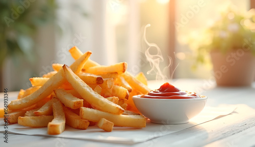 A bowl of golden French fries with a small white bowl of ketchup, set on a white table, illuminated by soft, warm light.