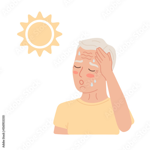 Elderly man with heatstroke from sun and heat. Burn and red skin of old person. Dehydration and thirsty senior male in hot weather. Flat vector illustration