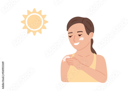 Girl apply sunscreen cream on face and body. Sun protection concept for summer safety. Skin care and health problems. Flat vector illustration