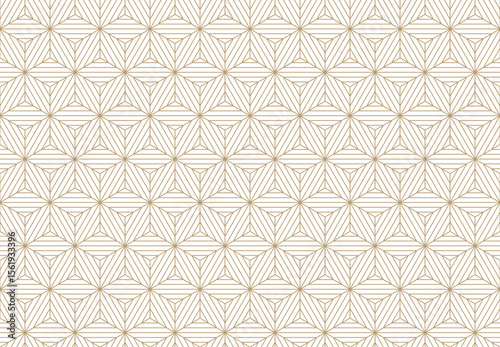 Elegant geometric pattern with interconnected hexagon, triangles and striped lines, creating a sophisticated, repeating gold and cream background. Vector illustration 