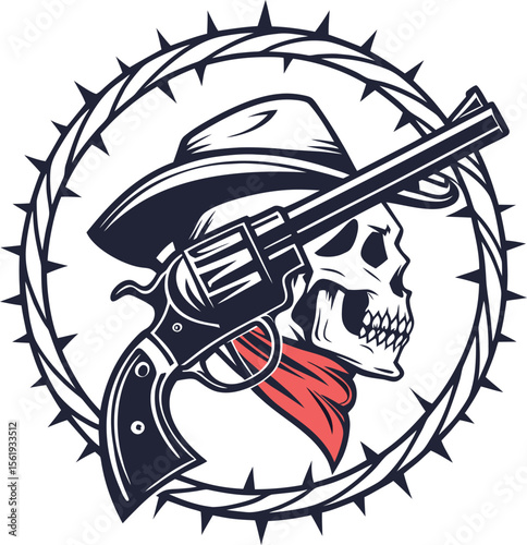 a badge showcasing a mysterious outlaw theme with crossed revolvers, a skull
