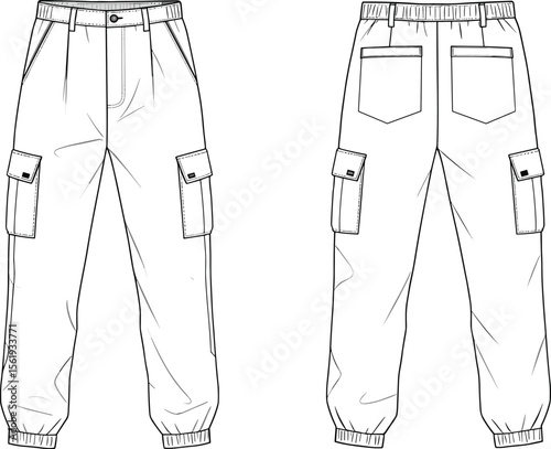 Men’s cargo pants fashion flat sketch, elastic hem jogger design with side flap pockets and back patch pockets for apparel. flat vector illustration