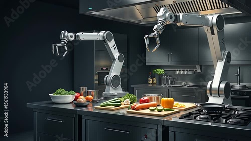 Robotic arms preparing food in smart kitchen. Automation and artificial intelligence in culinary industry future. Robotic chef in modern cooking technology.