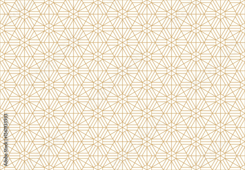 eamless pattern showcasing an intricate arrangement of interlocking hexagons and triangular shapes, forming a repeating gold linear design on a white background. Ideal for elegant aesthetics.
