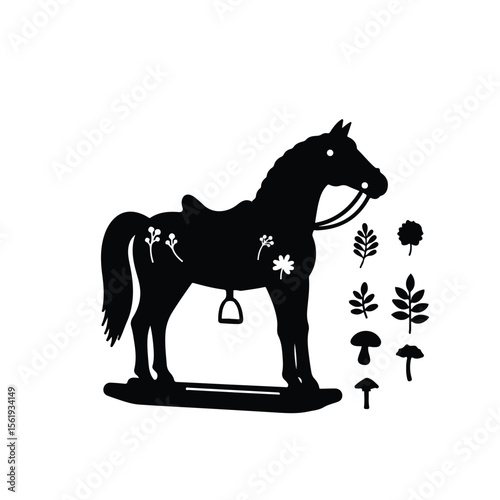 Black vector silhouette of a mounted horse toy with detachable accessories and nature-themed decorative elements Adobe Illustrator Artwork