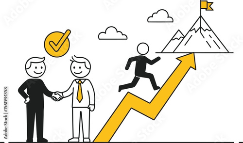 Vector art of a business team achieves success together, isolated on white background