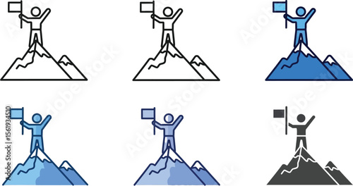 Vector art of a person plants a flag on top of a mountain, isolated on white background