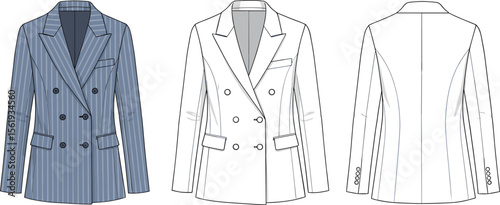 Flat sketch of double-breasted women’s blazer with stripes, lapel collar, tailored fit, sleeve buttons, and fashion design illustration.

 flat vector illustration