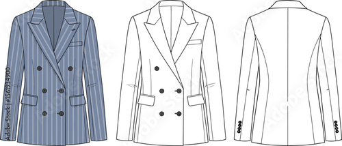Stylish women’s striped double-breasted blazer flat sketch with lapel collar, buttons, tailored fit, vector fashion design illustration template.

 flat vector illustration