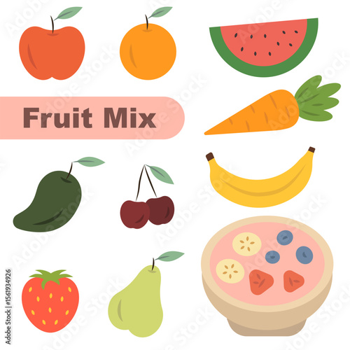 Illustration of fruit mix in flat style. Color illustration with set of fruits.