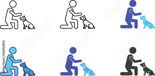 Vector art of a collection of icons depicting a person interacting with a dog, isolated on white background