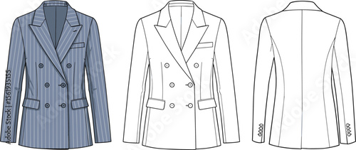 Women’s striped double-breasted blazer vector flat sketch, fashion technical drawing with lapel collar, front and back view design template.

 flat vector illustration