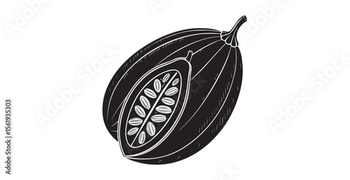 Detailed illustration of a cocoa pod cut in half showing seeds silhouette