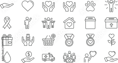 Vector art of a collection of charity and donation icons representing support, love, and community involvement