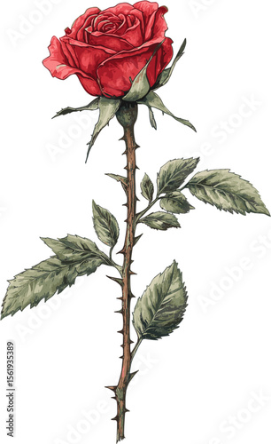 a red rose with thorny stems and green leaves