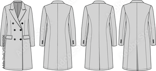 Double-breasted women’s coat technical flat sketch, long sleeve tailored outerwear fashion design, front and multiple back view illustration. flat vector illustration