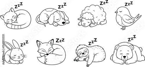 Vector art of collection of sleeping animals icons, representing rest and tranquility, isolated on white background
