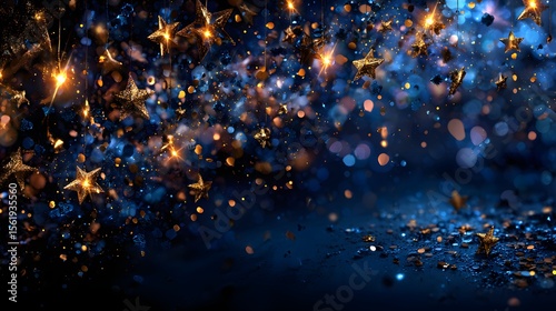 Golden Glittering Stars and Sparkles on Dark Blue Background perfect for celebration banners, holiday greeting cards, festive invitations, and luxury branding campaigns