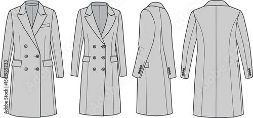  Women's double-breasted long coat technical fashion sketch, flat vector illustration showing front, side, and back detailed outerwear views.

flat vector illustration